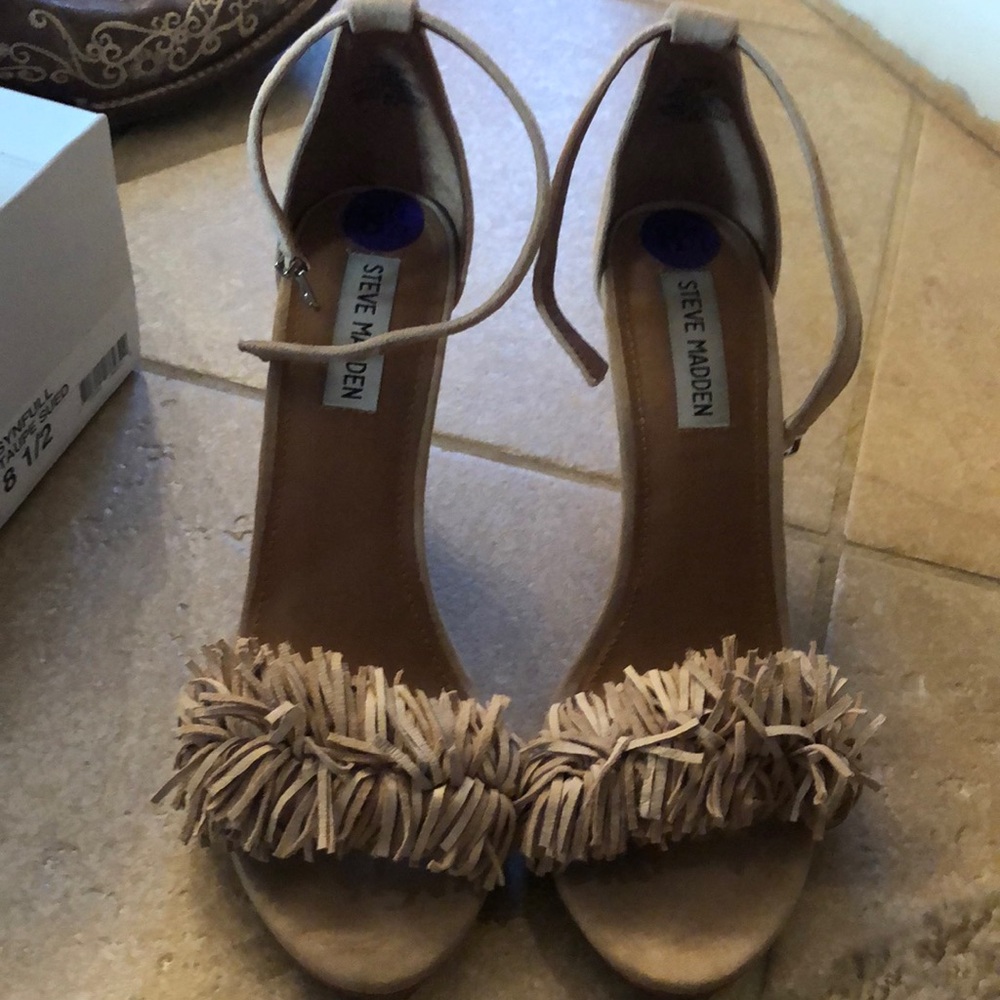Suede tan fringe heels